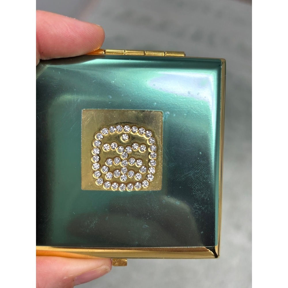 Vtg Arbonne Powder Compact Mirror Gold Crystal Refillable NEW - Picture 5 of 9